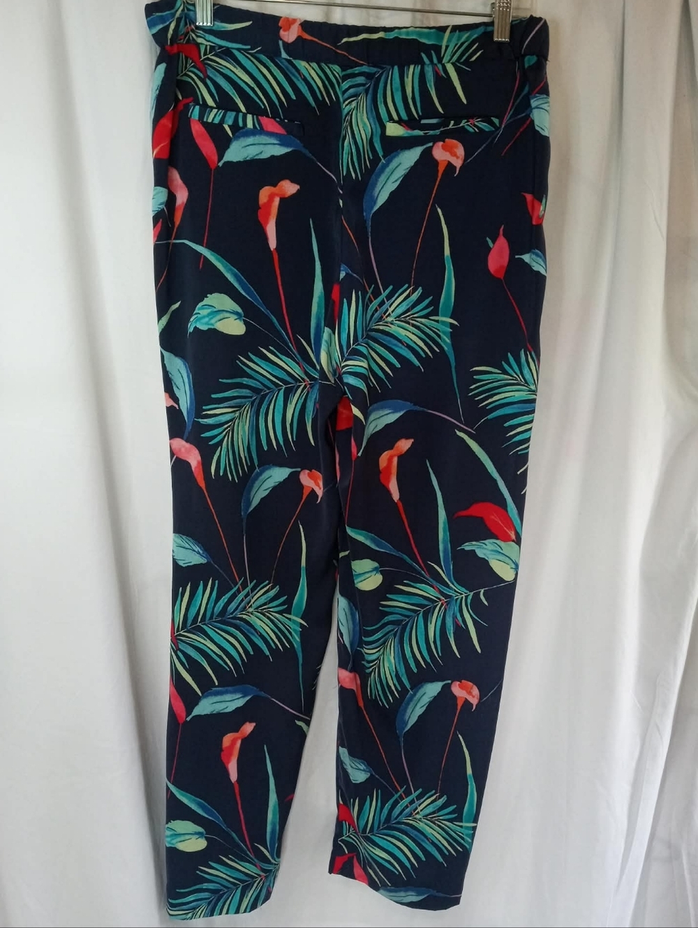 Liz Claiborne Navy Tropical Heat Leaf Print Pants Flowy Summer Hawaiian Resort - Picture 2 of 5